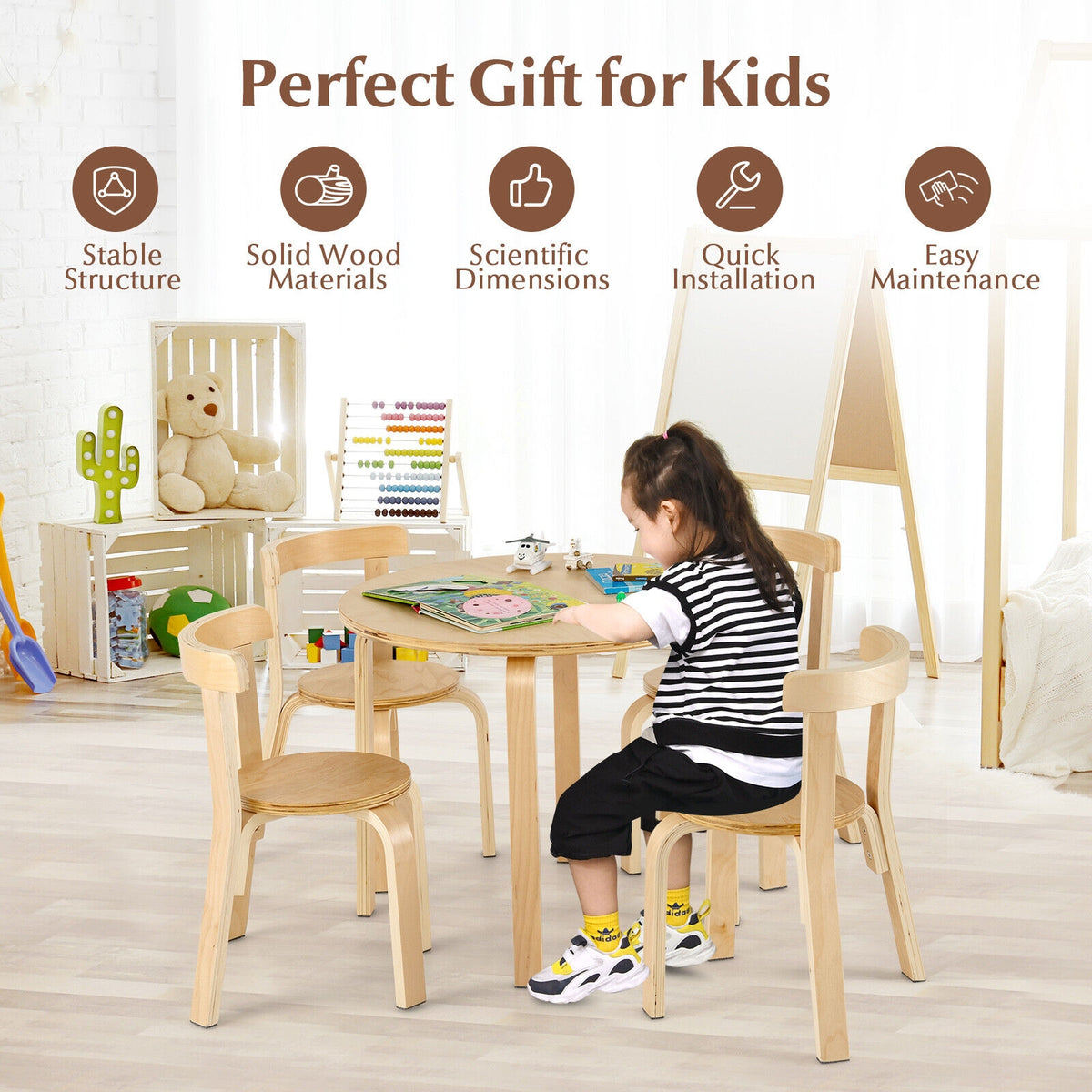 Kids Wooden Curved Back Activity Table and Chair Set - Round Natural
