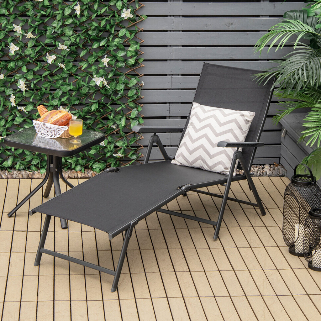Foldable Chaise Lounge Chair with Footrest - Black