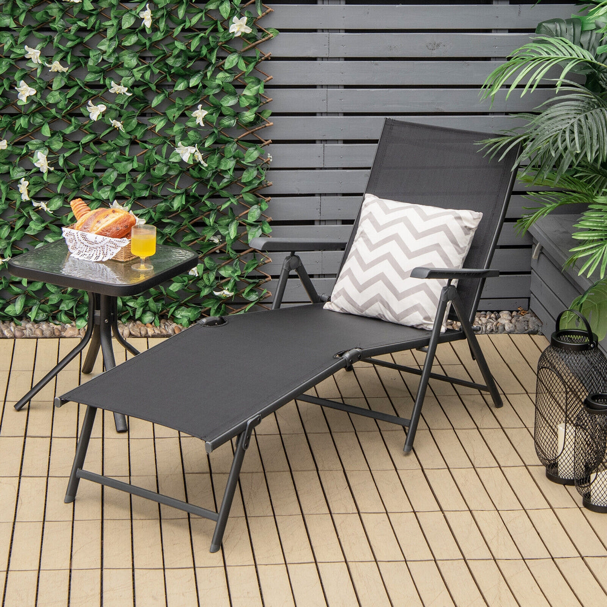 Foldable Chaise Lounge Chair with Footrest - Black