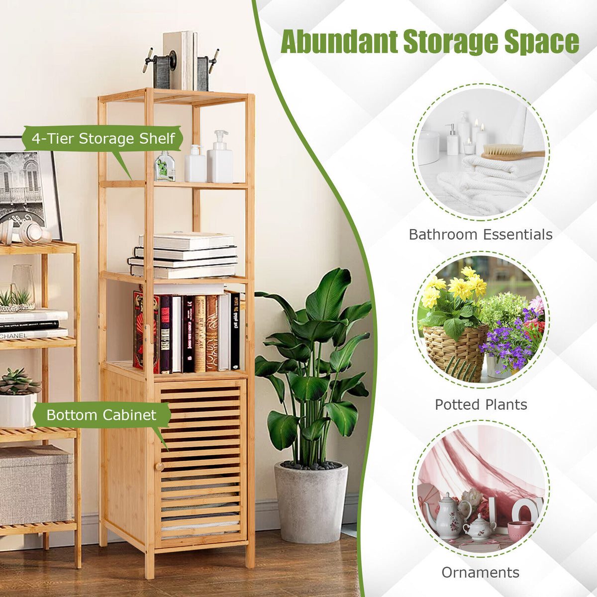 4-Tier Bamboo Floor Storage Cabinet with Shutter Door - 62-inch H