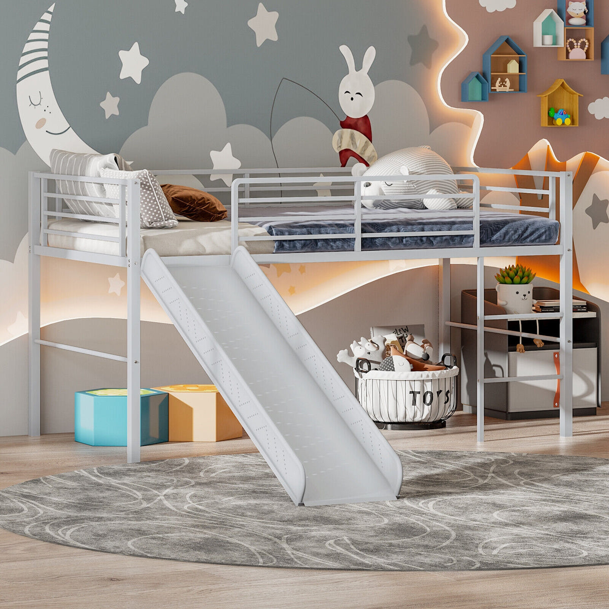 Twin Metal Loft Bed with Slide & Ladder - Silver
