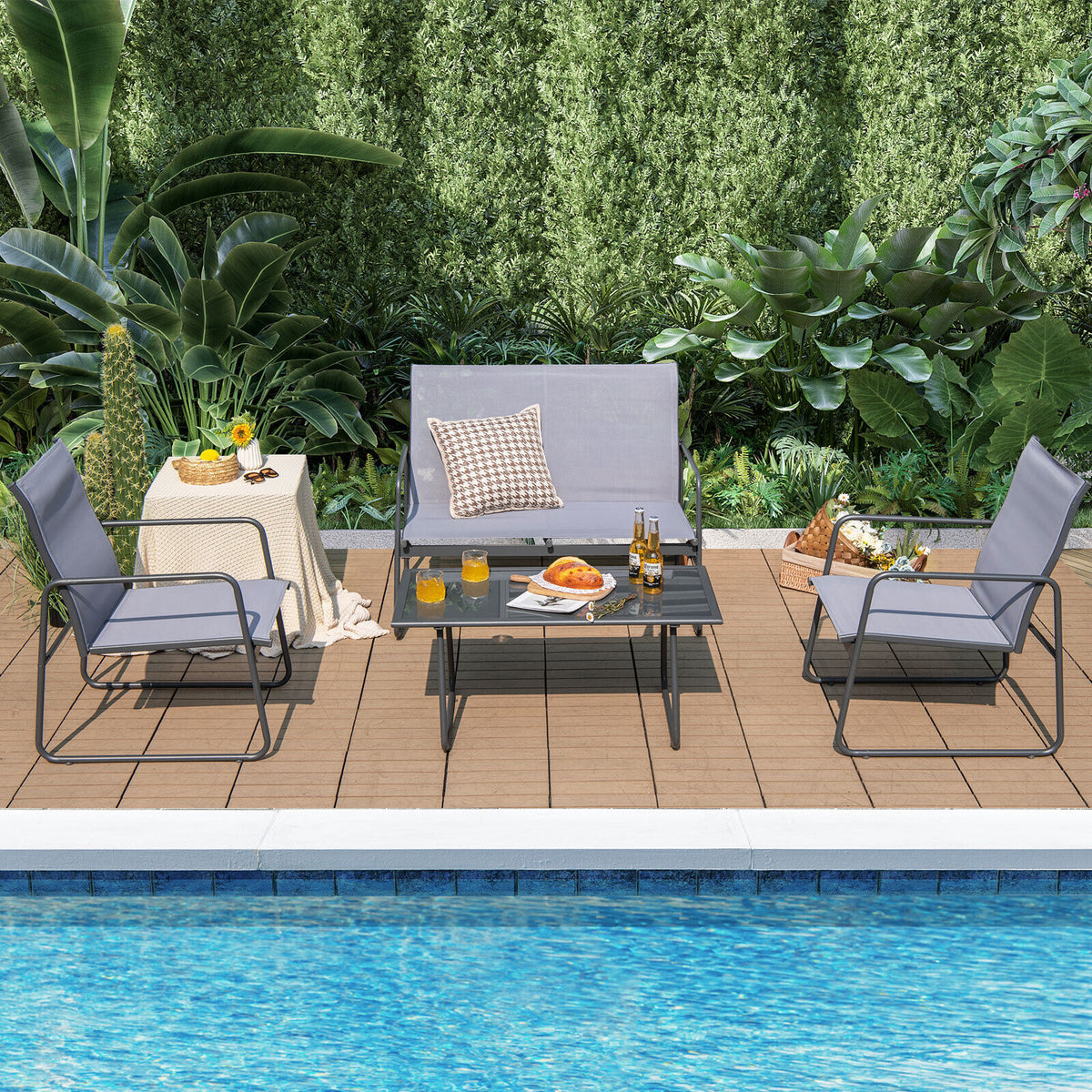 4 Pieces of Metal Patio Furniture Chat Set with Tempered Glass Coffee
