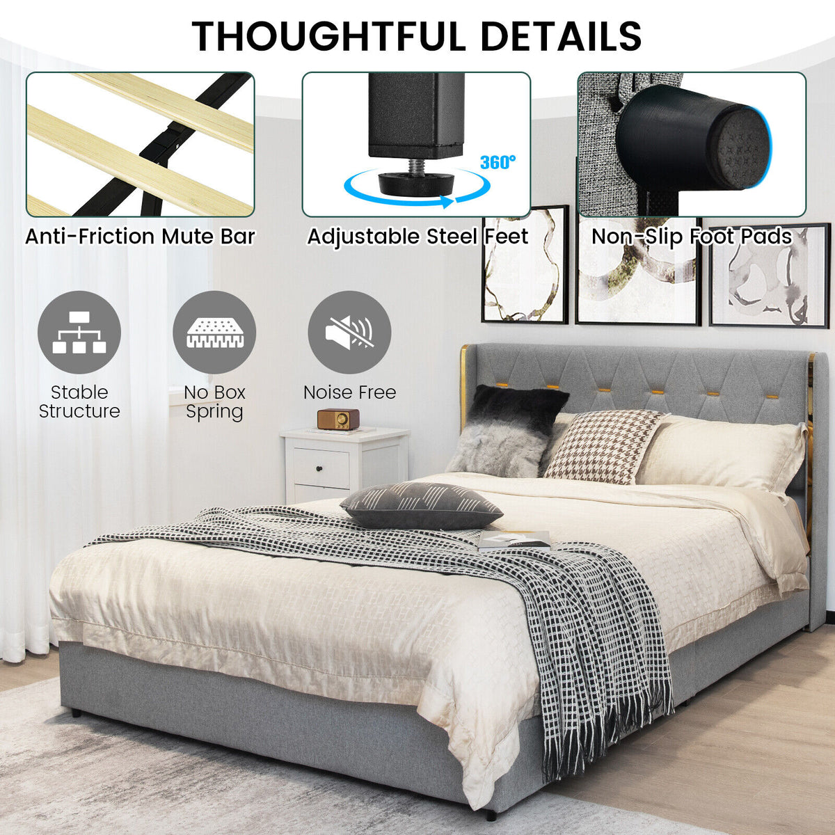Full Size Upholstered Bed Frame with High Headboard & Storage Drawers - Silver