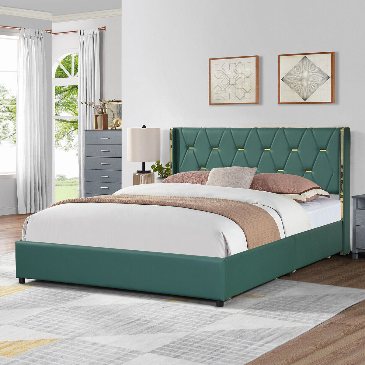 PU Leather Platform Bed Frame with 4 Drawers - Full, Green