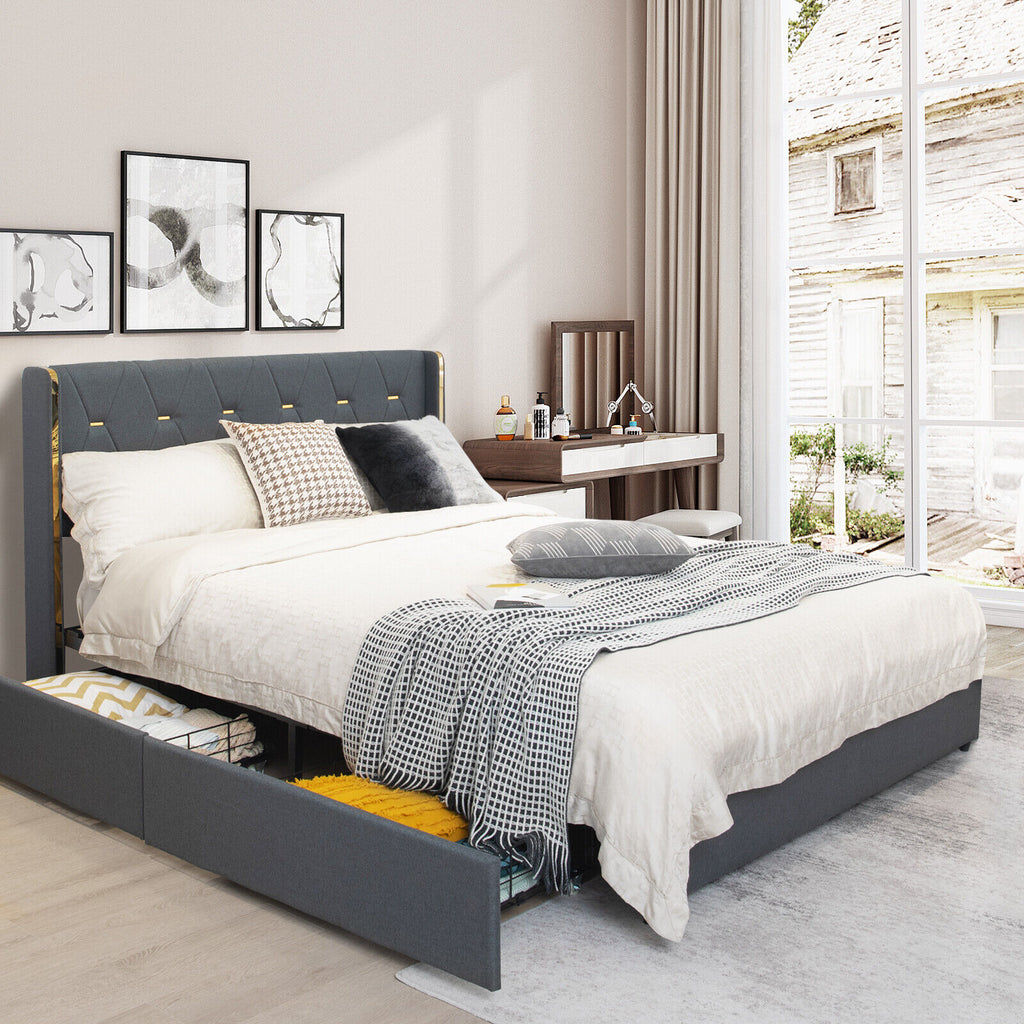 Full Size Upholstered Platform Bed with 4 Storage Drawers - Dark Gray