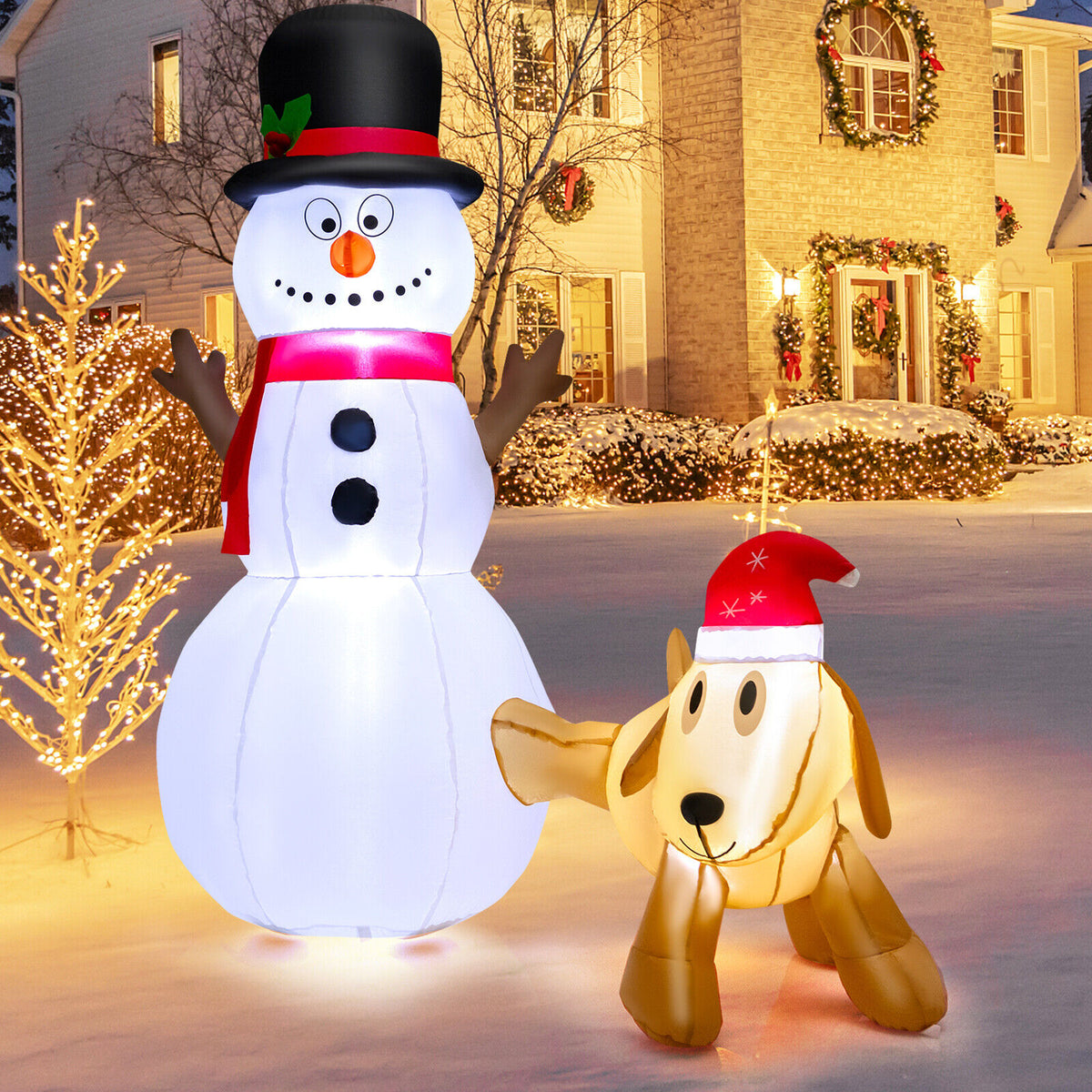 6 Ft Inflatable Snowman and Dog Christmas Decoration with LED Lights