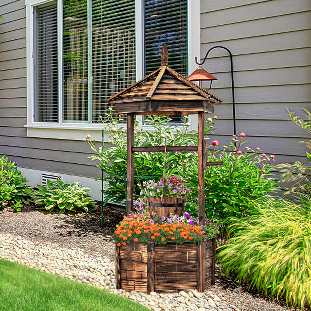 Rustic Wooden Wishing Well with Adjustable Bucket - Brown