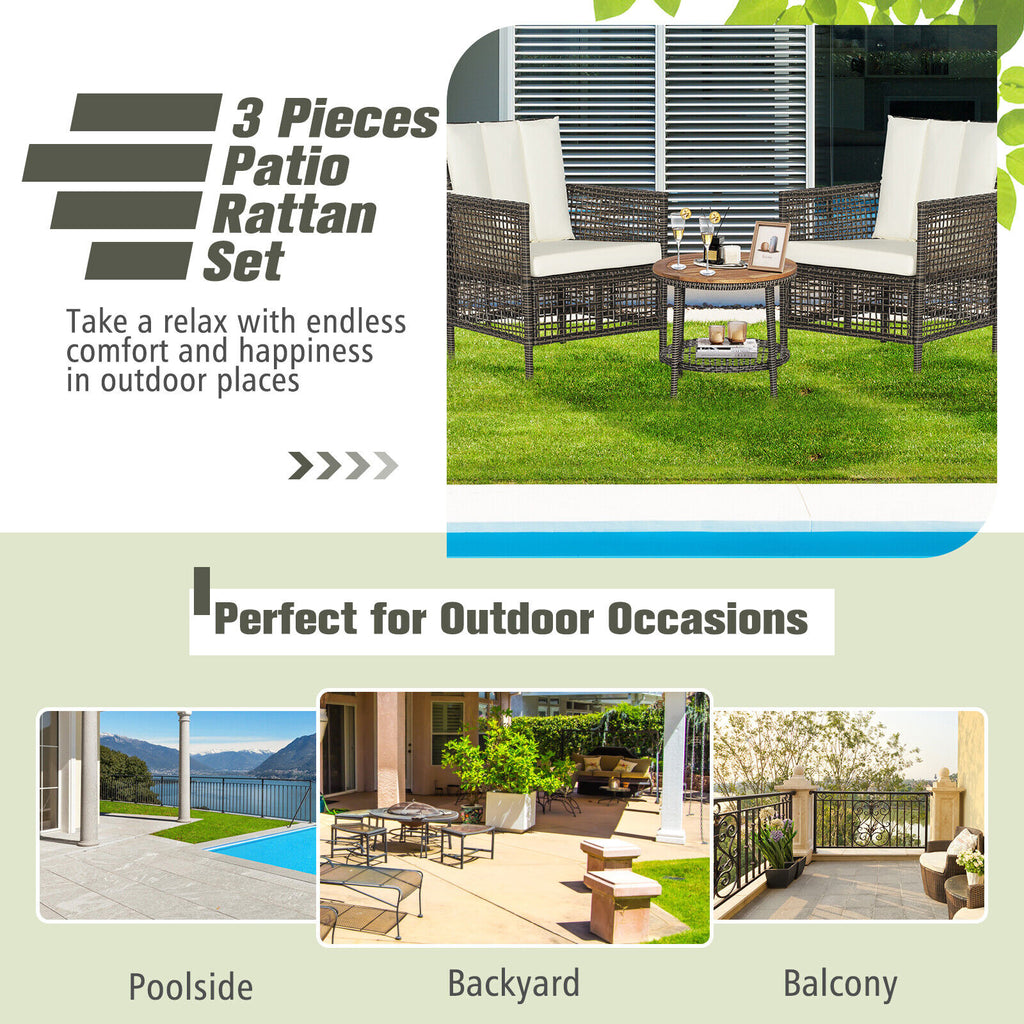 3 Pieces Patio Rattan Furniture Set with Cushioned Sofas and Wood