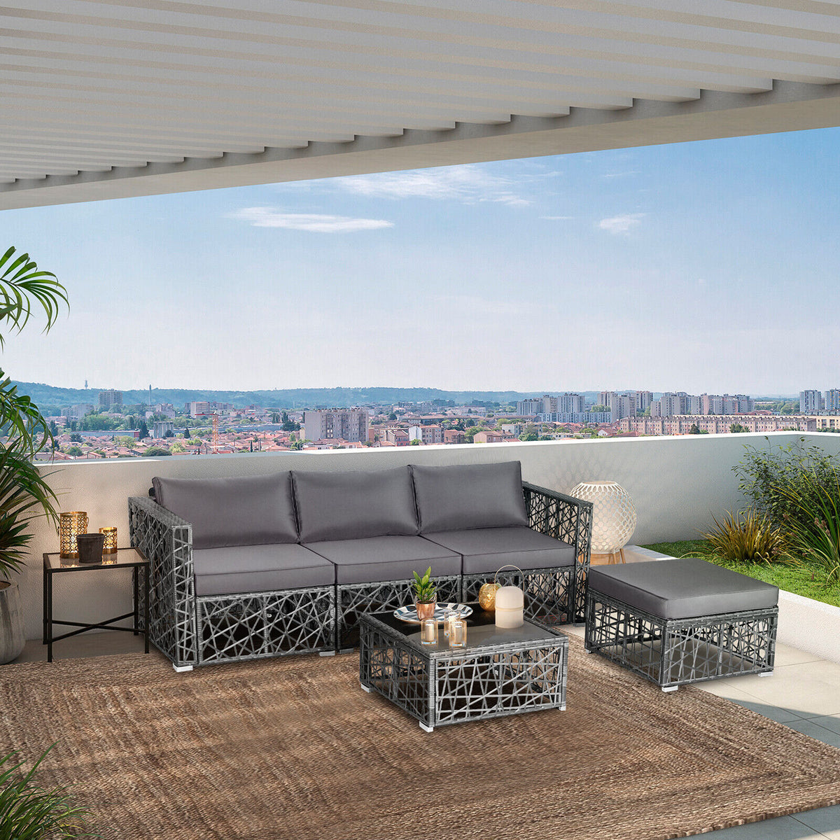 5-Piece PE Rattan Patio Sectional Sofa Set - Gray