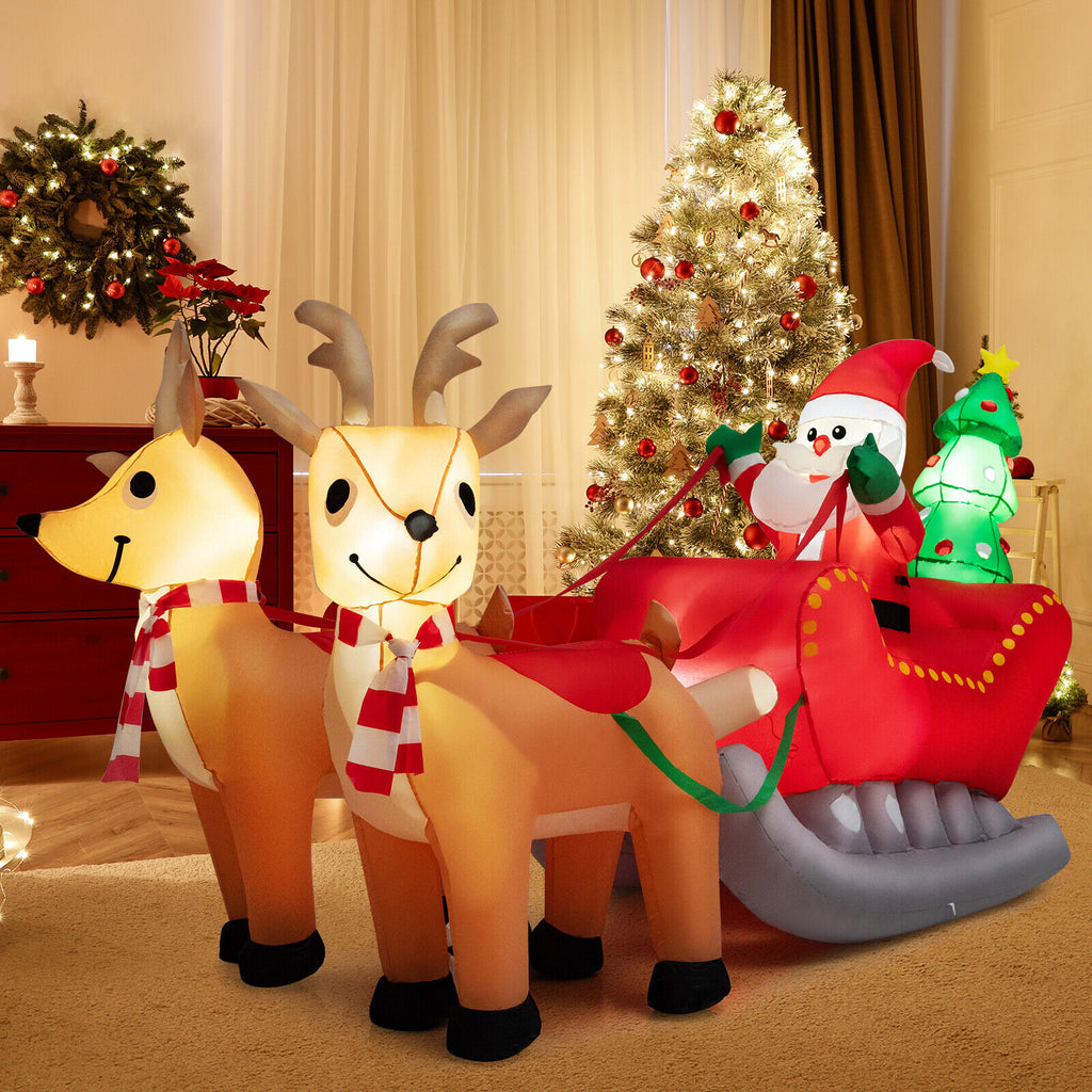 Inflatable Santa on Reindeer Sleigh with LED Lights - 7.2 Feet Christmas Yard Decor - Reindeer Pulling Style