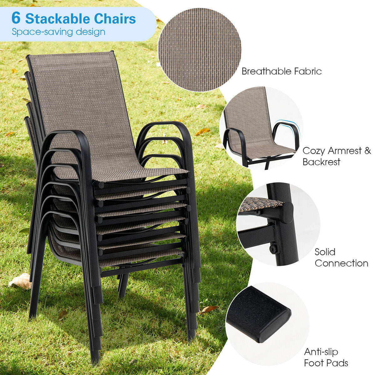 Stackable Patio Dining Chairs Set of 6 with Curved Armrests