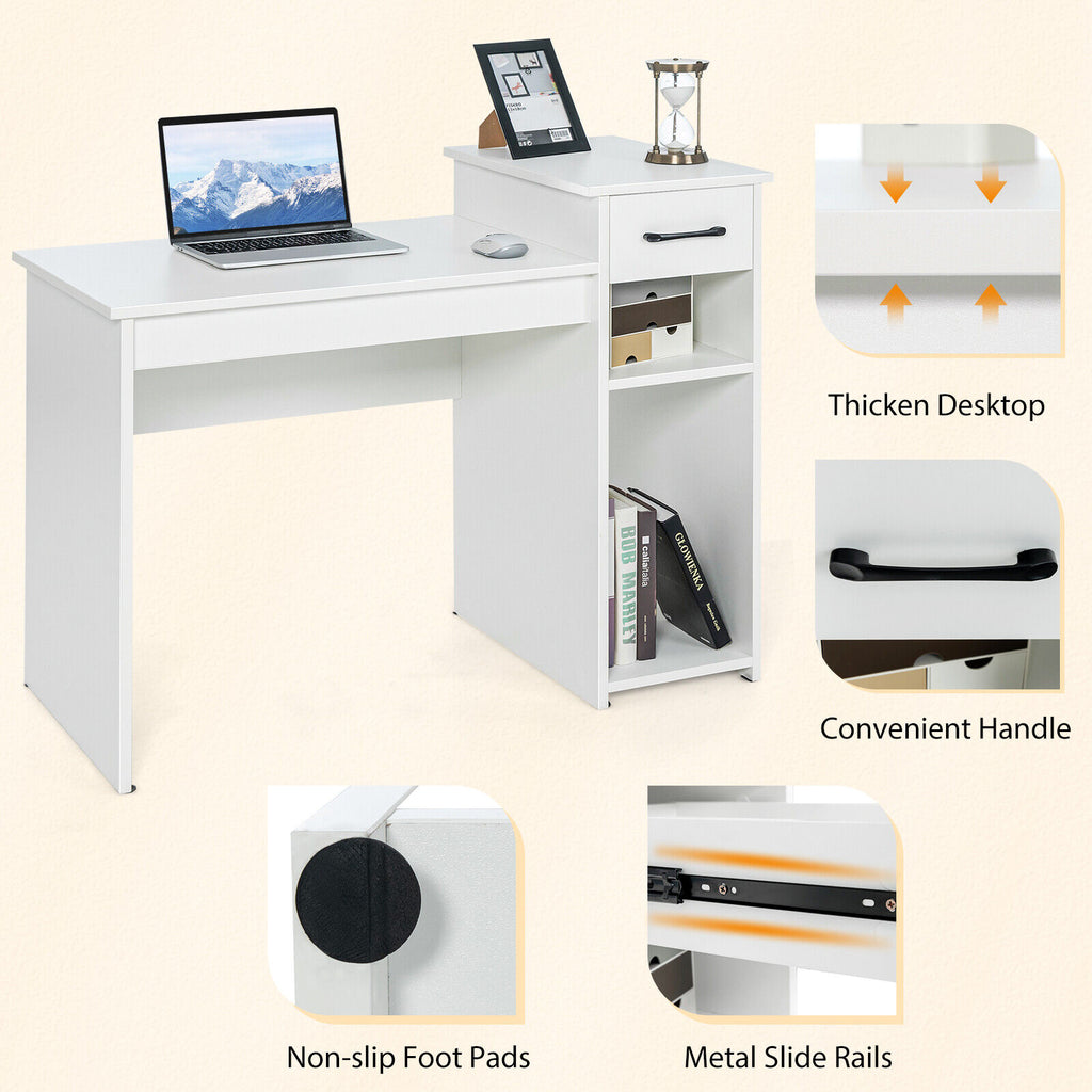 Compact Computer Desk with Drawer and CPU Stand, White