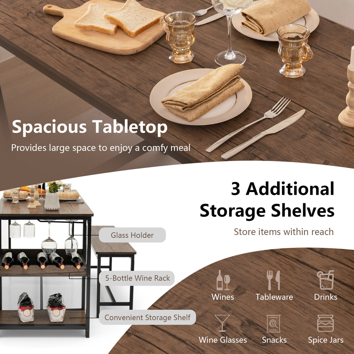 3-Piece Dining Table Set with Wine Rack - Brown