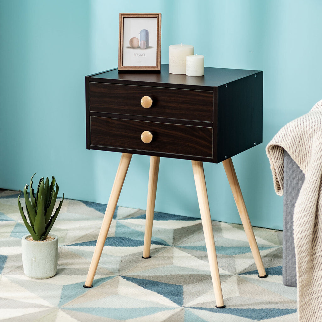 Midcentury Modern Bedside Table with 2 Drawers, Brown