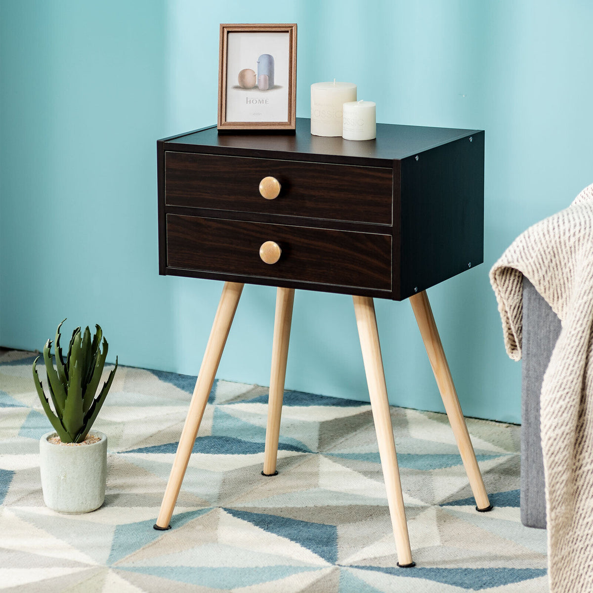 Midcentury Modern Bedside Table with 2 Drawers, Brown