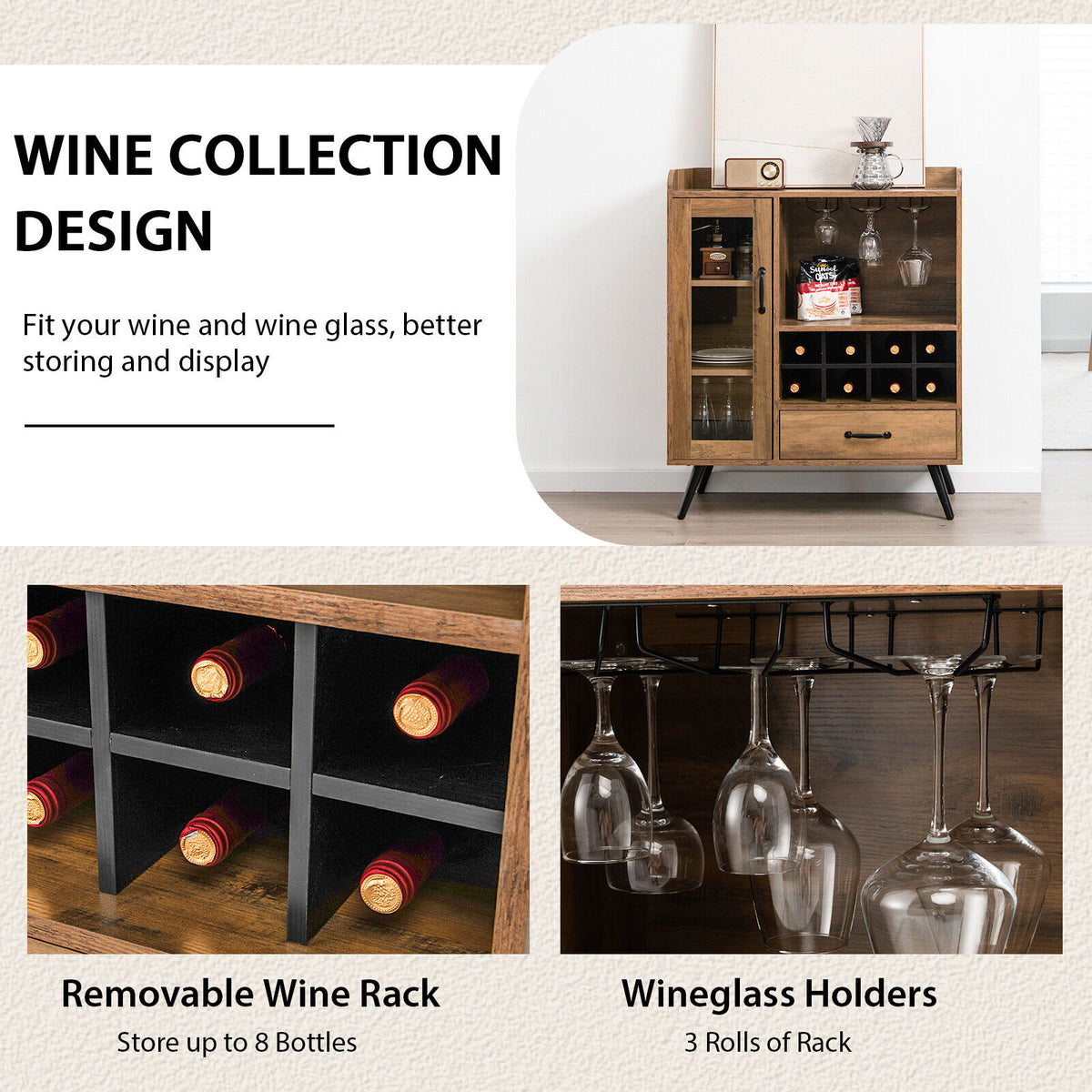 Buffet Sideboard with Wine Rack and Glass Holder - Rustic Brown
