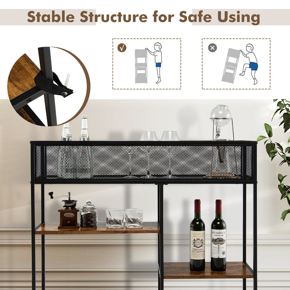 4-Tier Industrial Console Table with Wire Basket - Rustic Brown