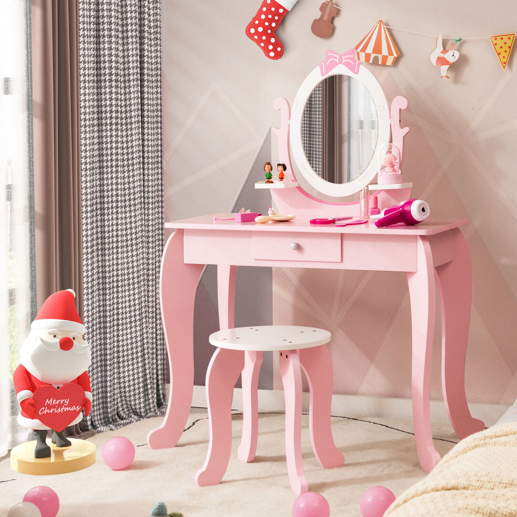 Kids Vanity Table Stool Set with Pink Storage Drawer & Rotatable Mirror - Costway