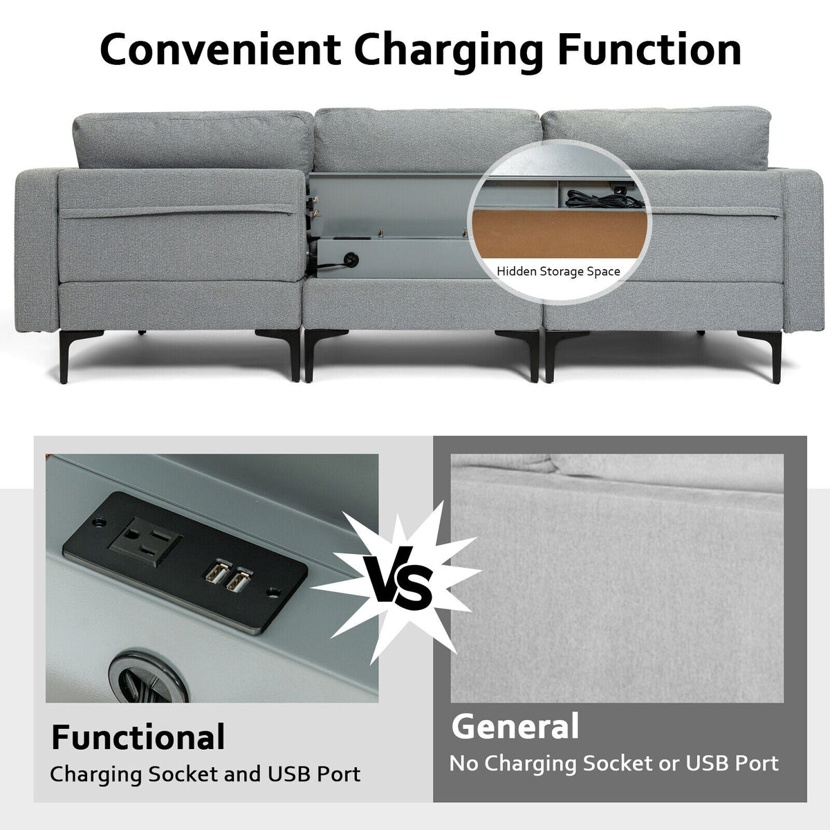 3-Seat L-Shaped Sectional Sofa with Reversible Chaise and USB Ports - Dark Gray