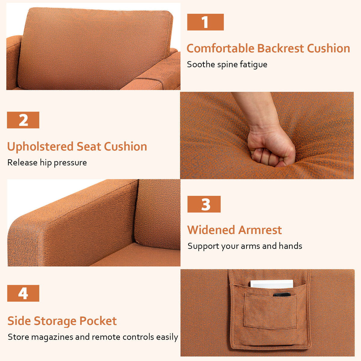 Modern Accent Armchair with Side Storage Pocket - Orange