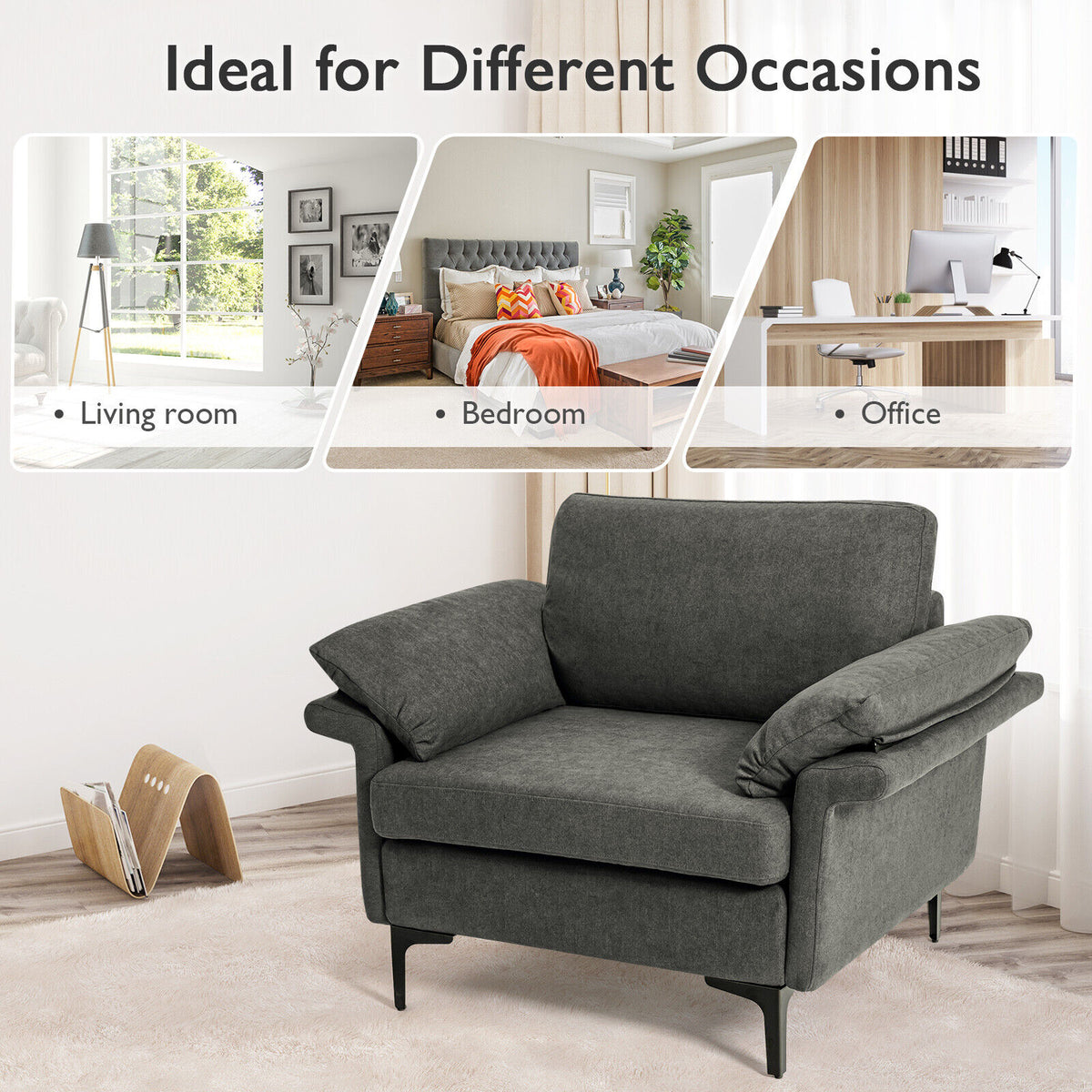 Gray Accent Armchair with Spring Support & Cushions