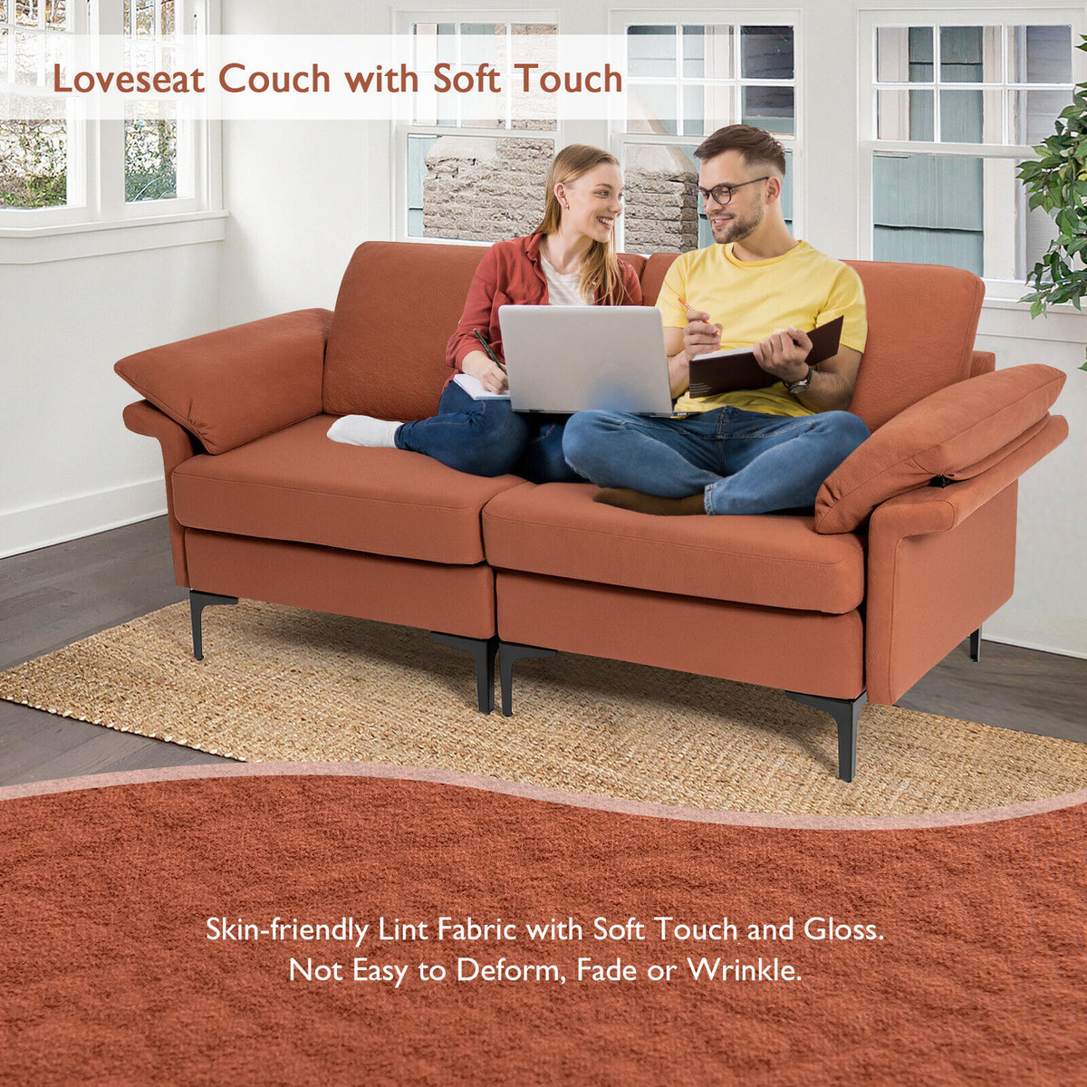Rust Red Loveseat Sofa with Metal Legs & Armrest Pillows