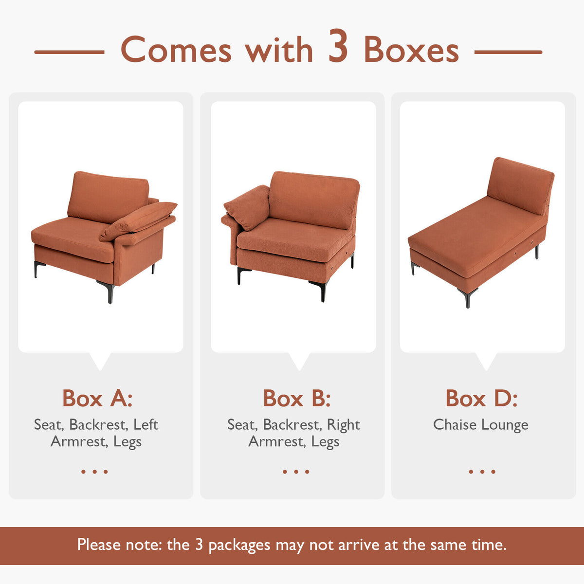 3-Seat L-Shaped Sectional Sofa with Reversible Chaise, Rust Red