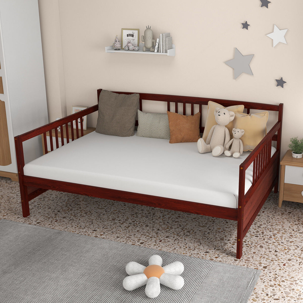 Wooden Full Size Daybed Frame with Guardrails - Brown