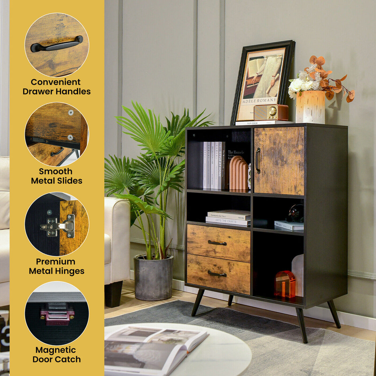 Kitchen Sideboard Buffet Cabinet with Drawers & Cubbies - Rustic Brown