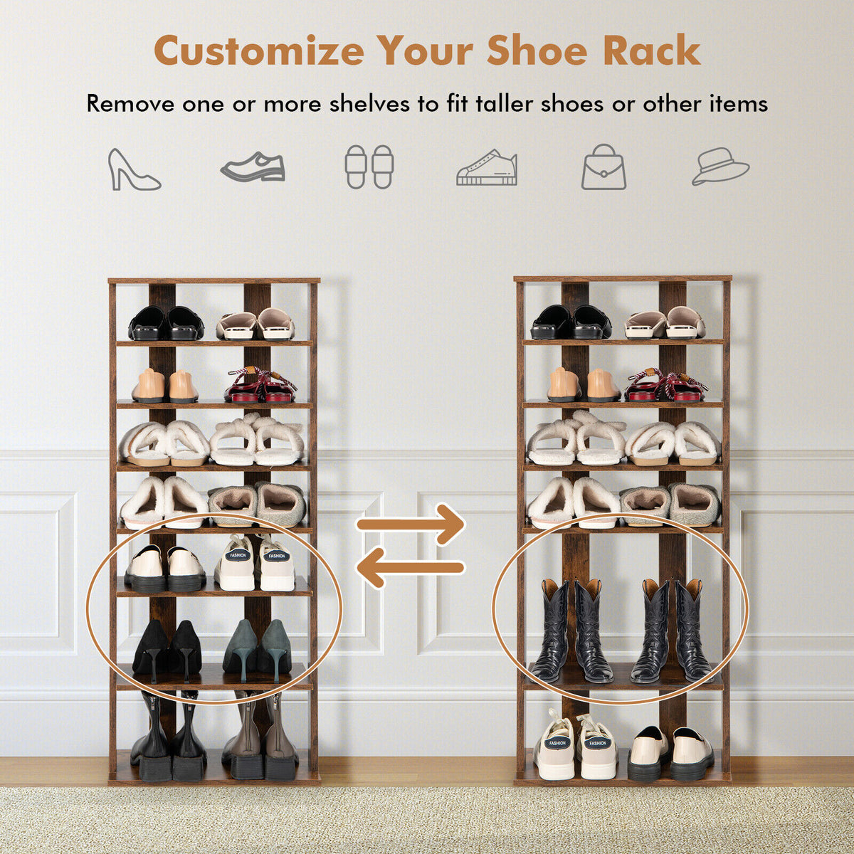 7-Tier Vertical Shoe Rack, Rustic Brown