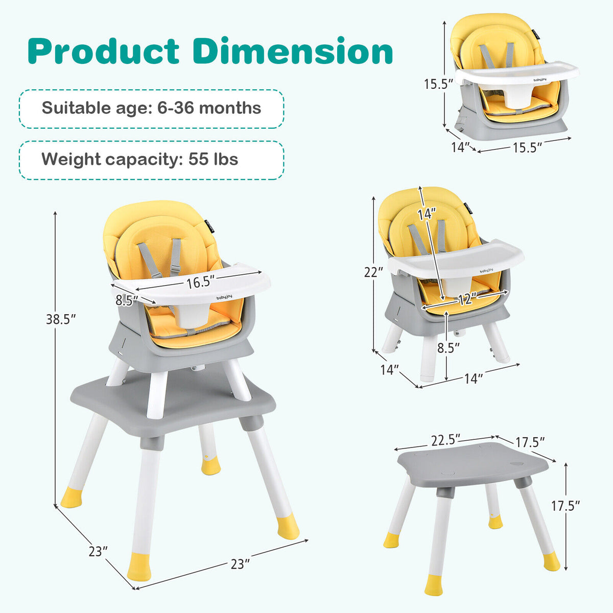 Yellow 8-in-1 Convertible Baby High Chair with Removable Tray & Adjustable Height