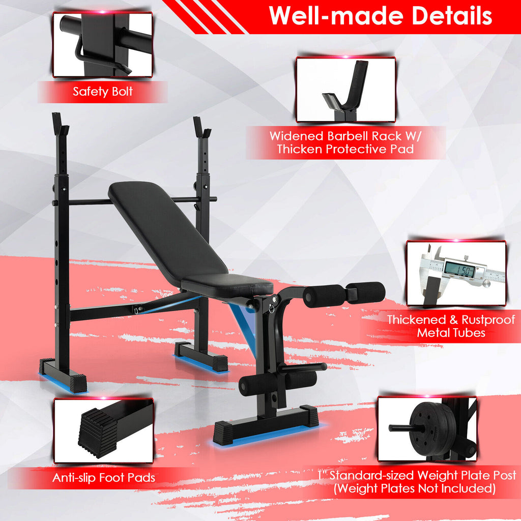 Adjustable Weight Bench and Barbell Rack Set with Weight Plate Post - Home Gym Equipment