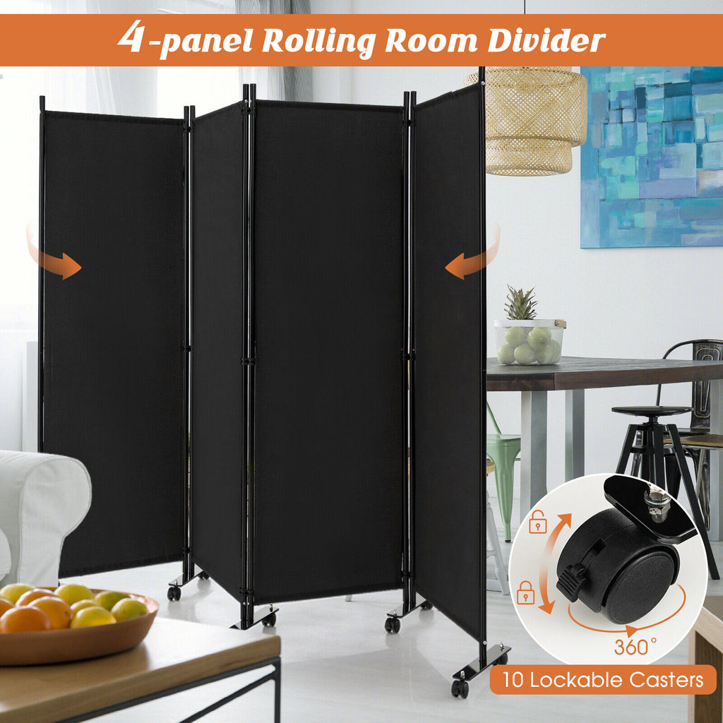 4-Panel Folding Room Divider Privacy Screen with Lockable Wheels - Black, 4 Panels & Wheels