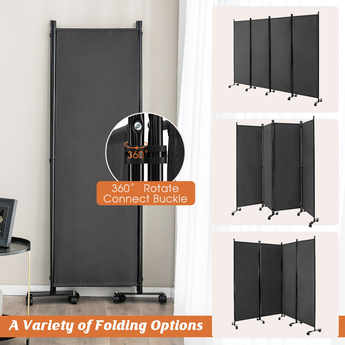 4-Panel Folding Room Divider Privacy Screen with Lockable Wheels - Gray, Includes Variation