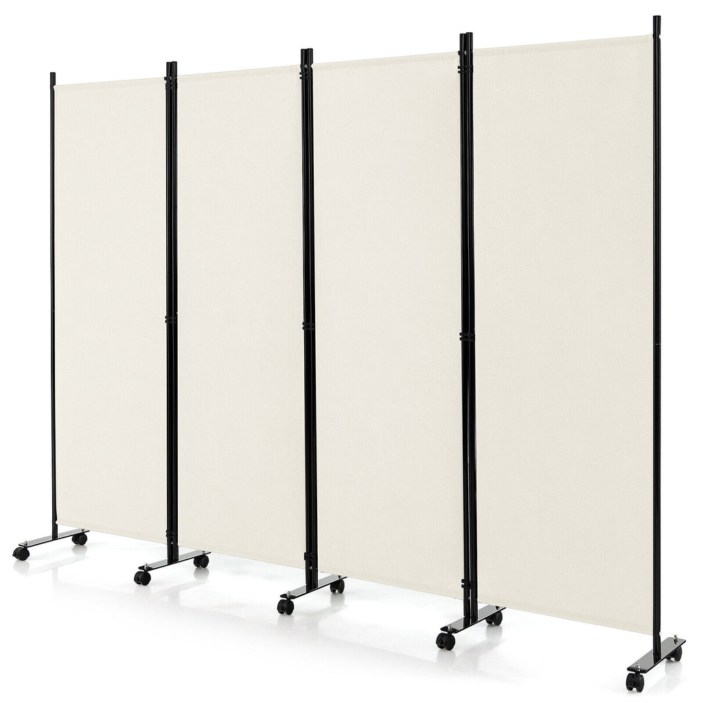 4-Panel Folding Room Divider Privacy Screen with Lockable Wheels – White, 4 Panels & Wheels