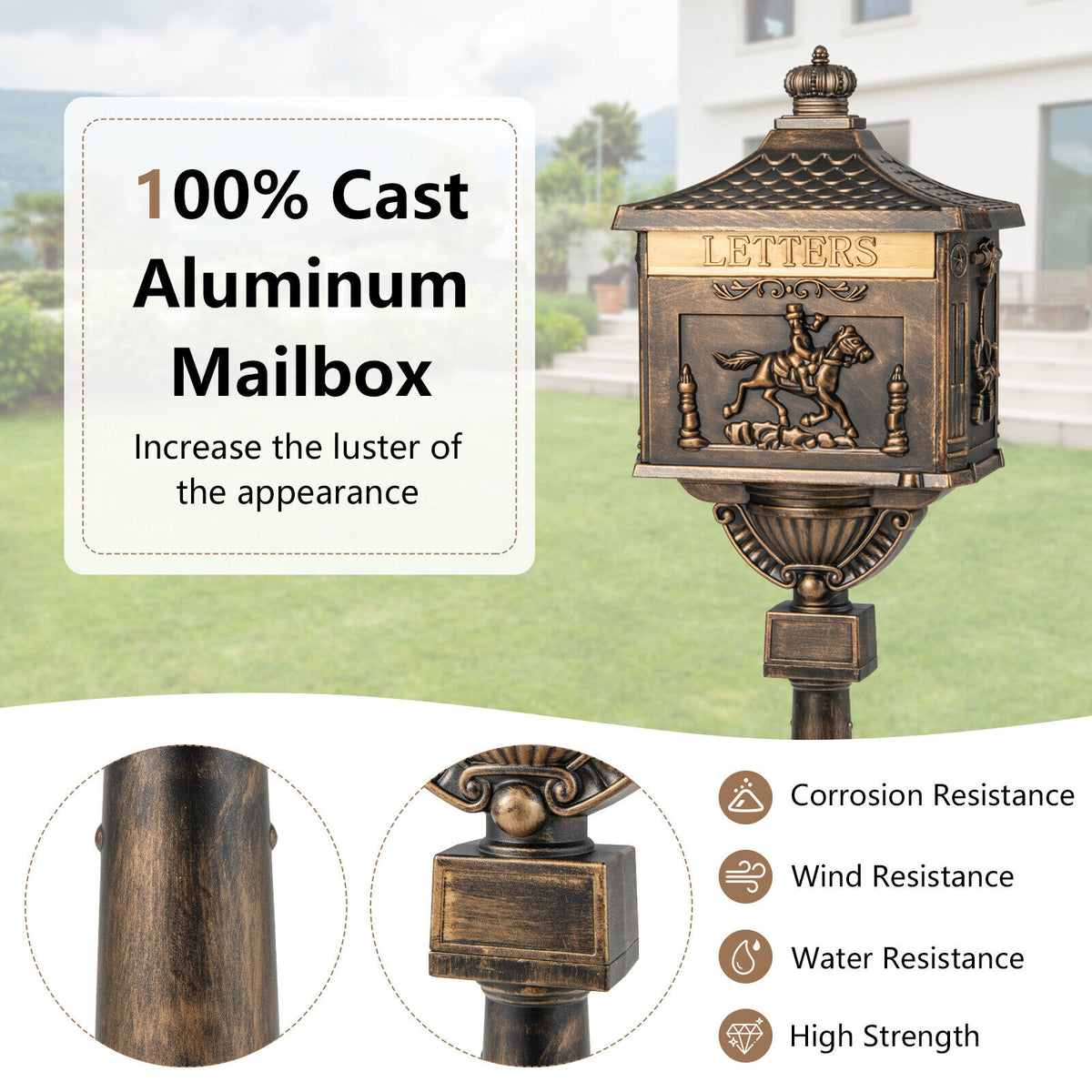 Bronze Retro Cast Aluminum Mailbox with Lockable Door & Baffle