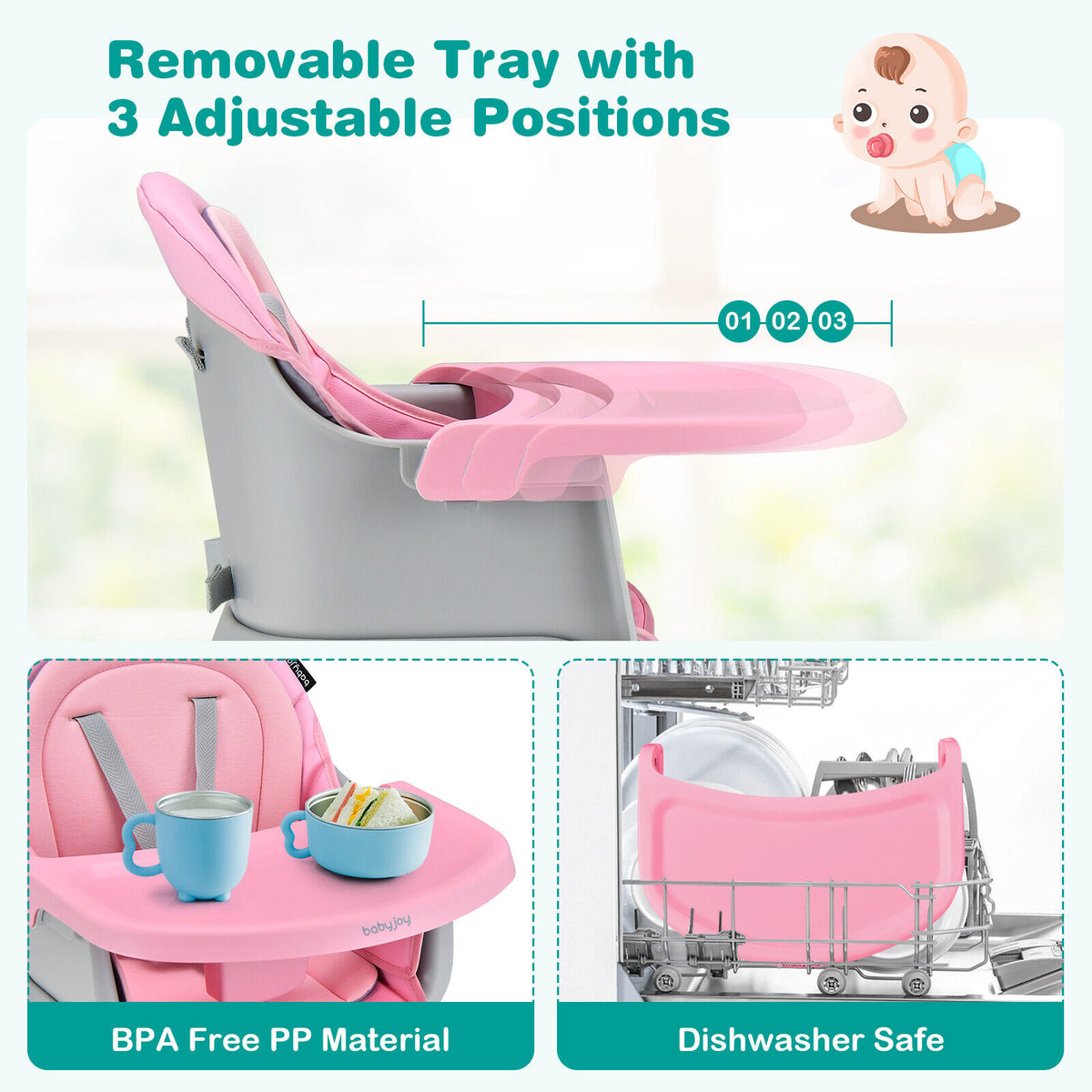Pink 8-in-1 Convertible Baby High Chair with Removable Tray & Cushion - Costway