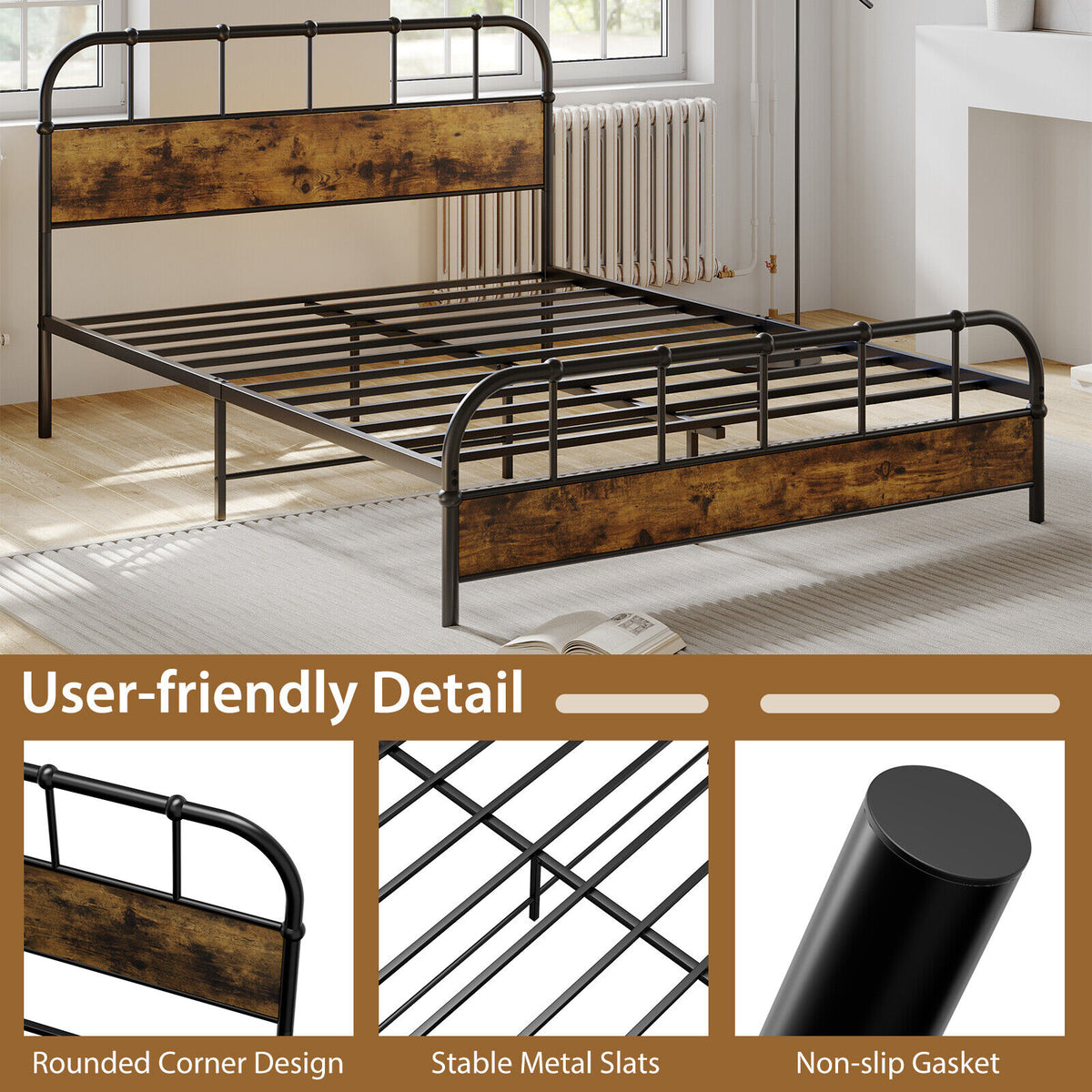 Queen Size Industrial Metal Platform Bed Frame with Headboard - Coffee