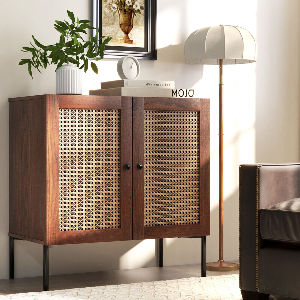 Rattan Storage Sideboard with Adjustable Shelf - Walnut