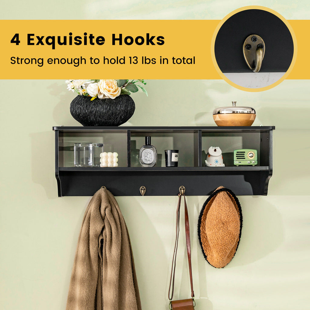 Wall Mount Hooks Shelf for Entryway Storage - Black