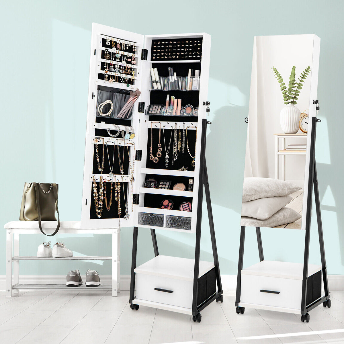 Jewelry Cabinet with Full-Length Mirror - White