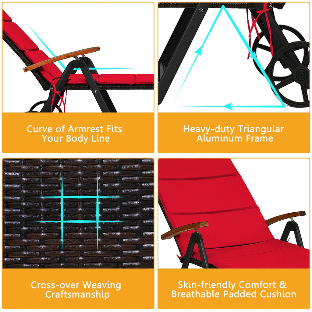Folding Patio Rattan Lounge Chair with Wheels - Red