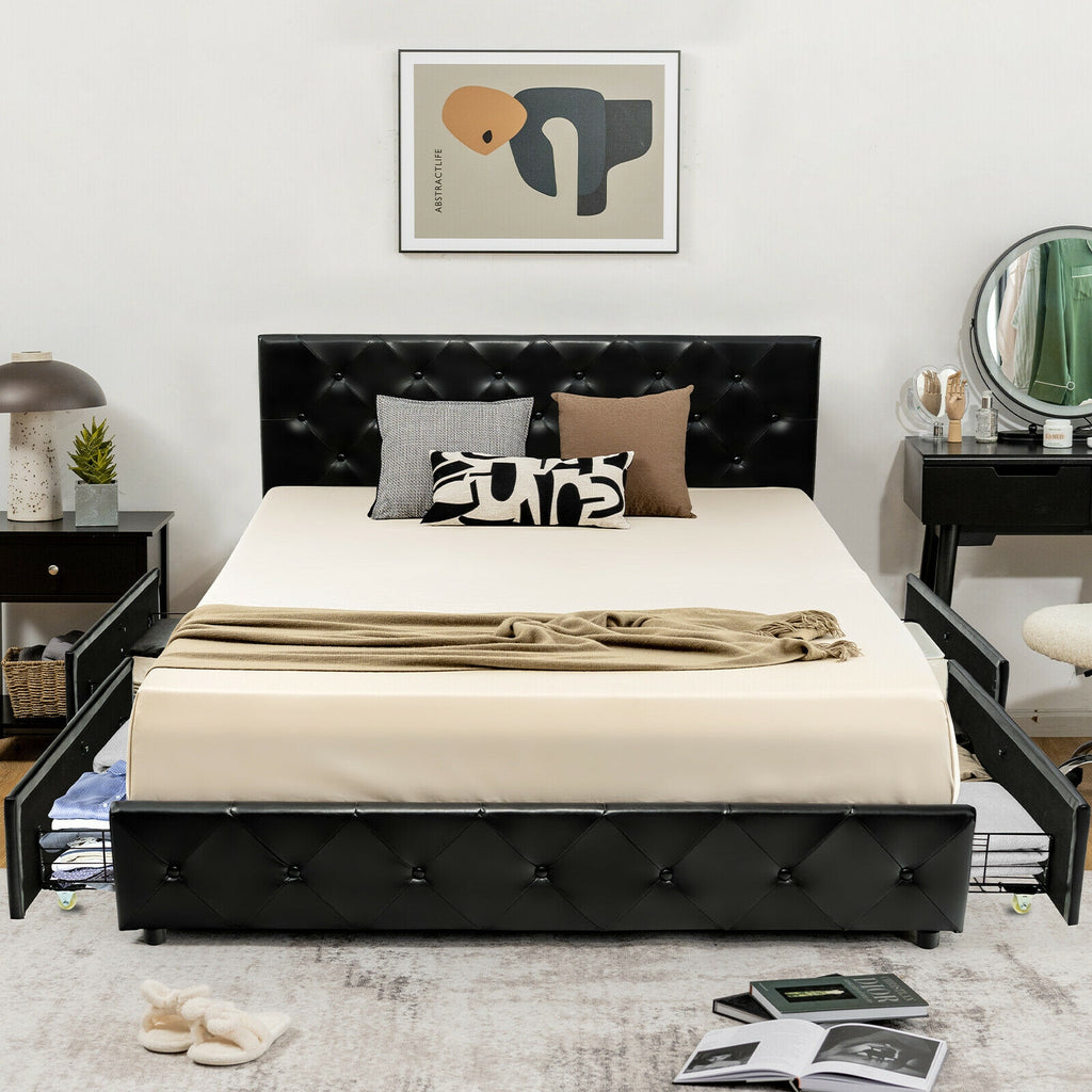Full Size PU Leather Platform Bed with 4 Storage Drawers