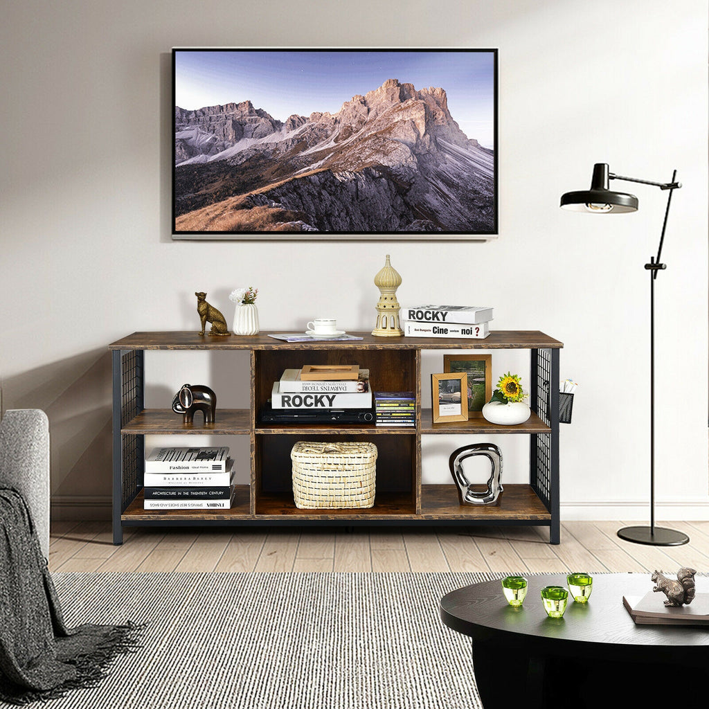 Mid-Century TV Stand 65 inch with Storage Basket, Rustic Brown