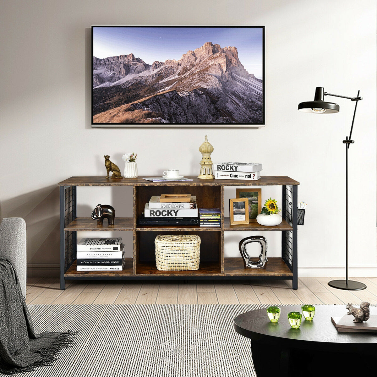 Mid-Century TV Stand 65 inch with Storage Basket, Rustic Brown