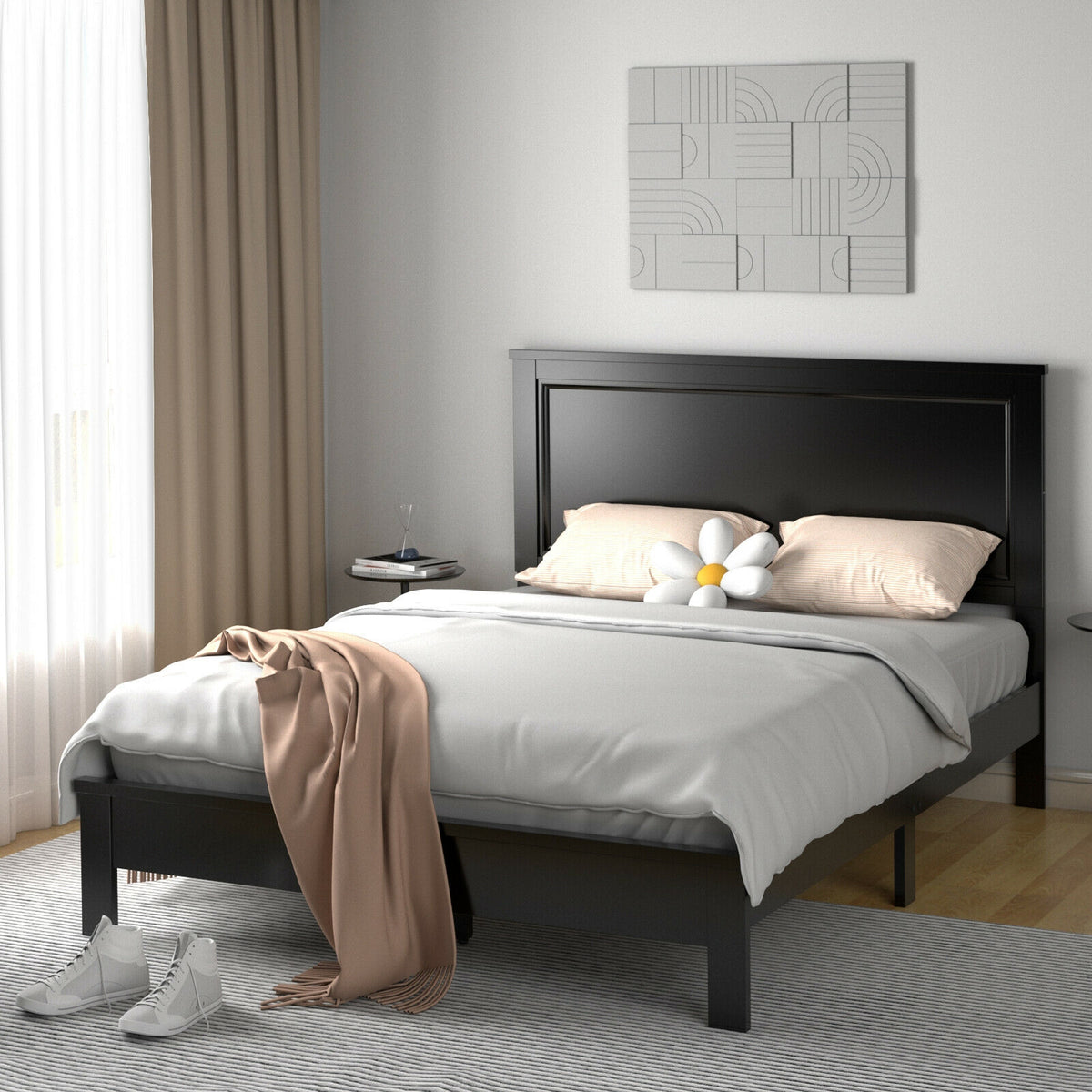 Queen Size Platform Bed Frame with Headboard - Black