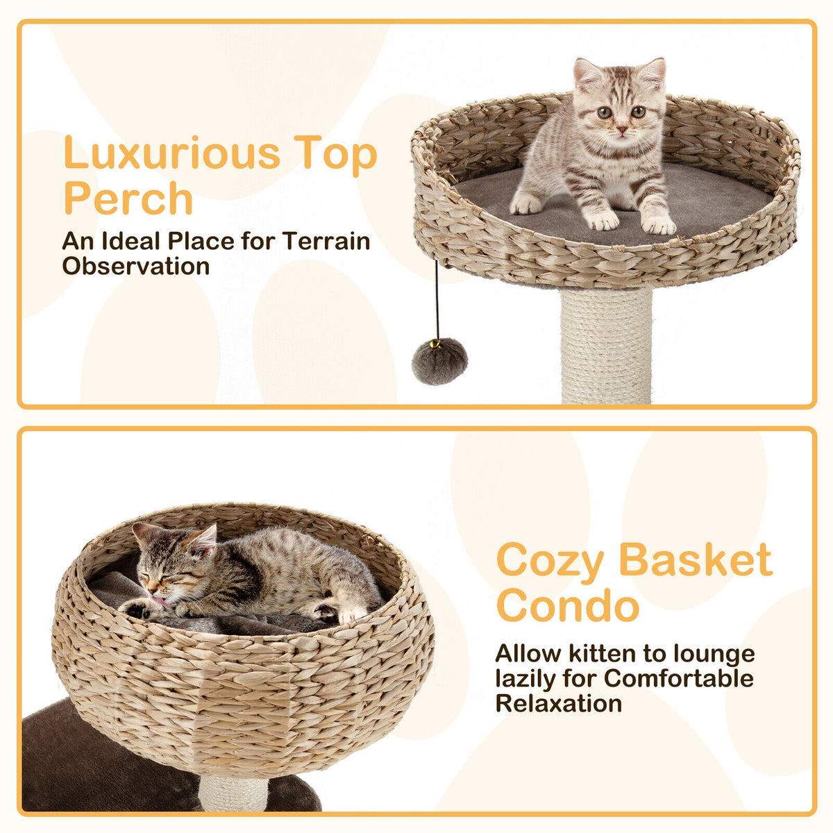 41 Inch Rattan Cat Tree with Napping Perch - Brown