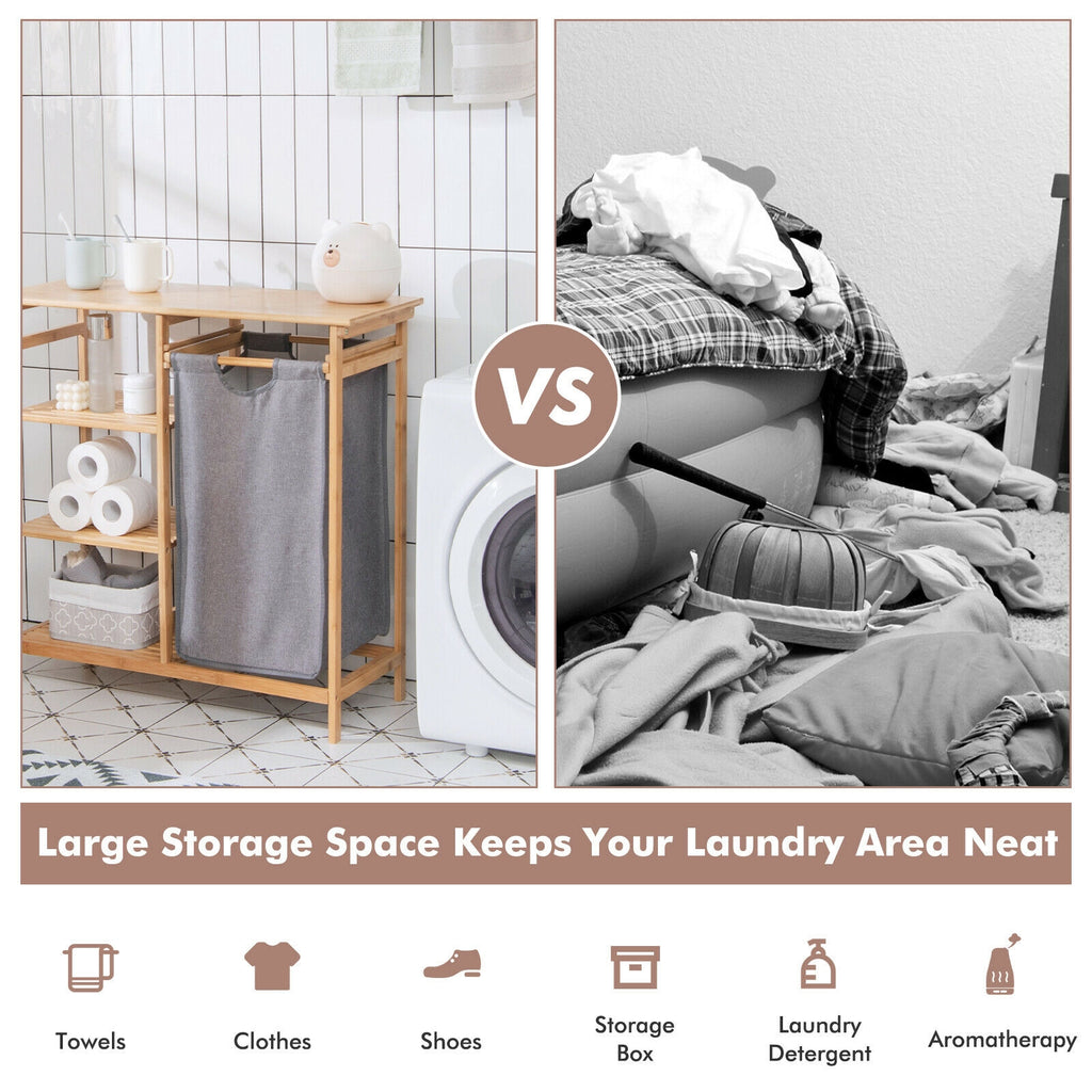 Bamboo Laundry Hamper Stand with Removable Sliding Bag and 3-Tier