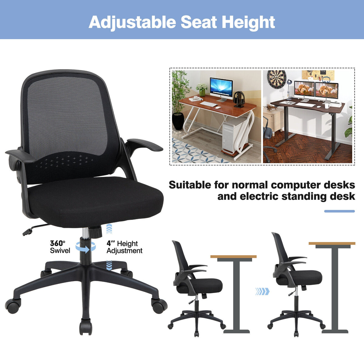 Adjustable Mesh Office Chair with Flip-up Armrest - Black