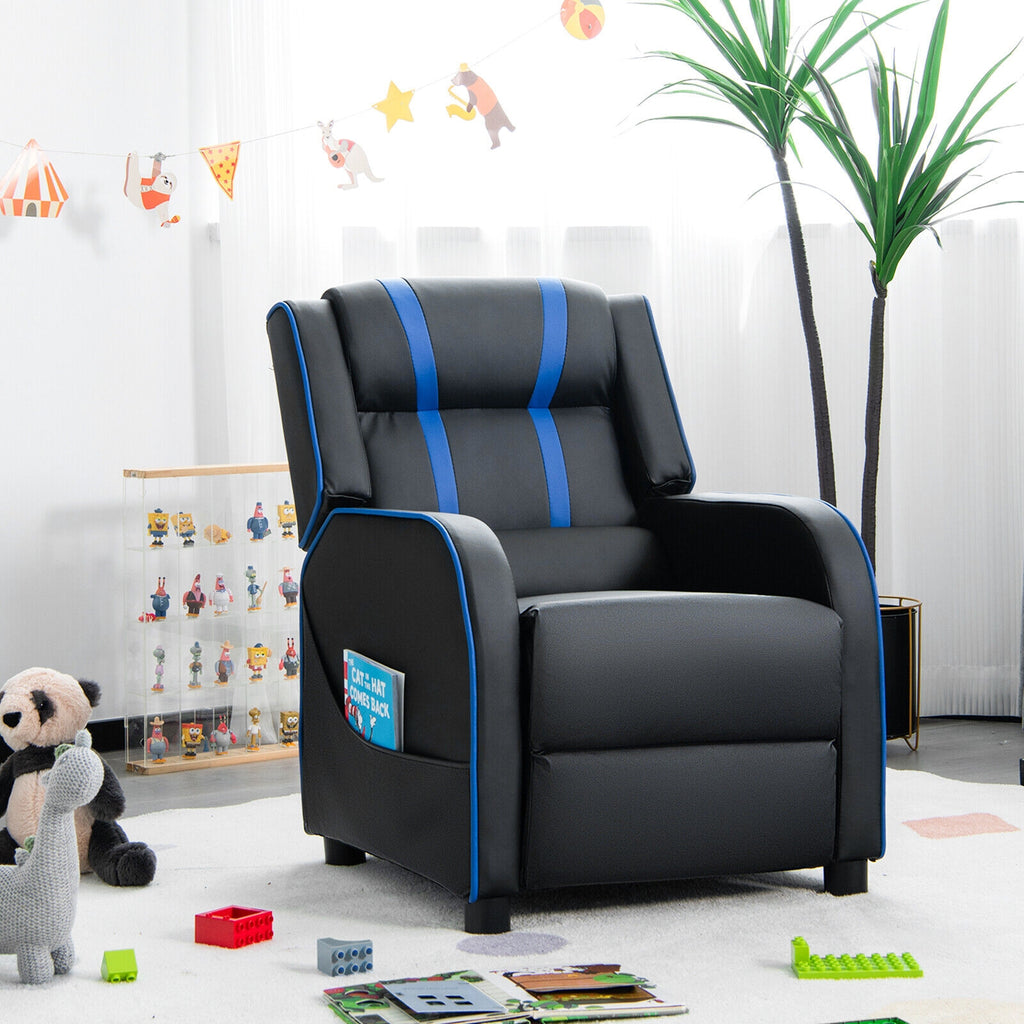 Kids Recliner Chair with Side Pockets & Footrest - Style G, Blue